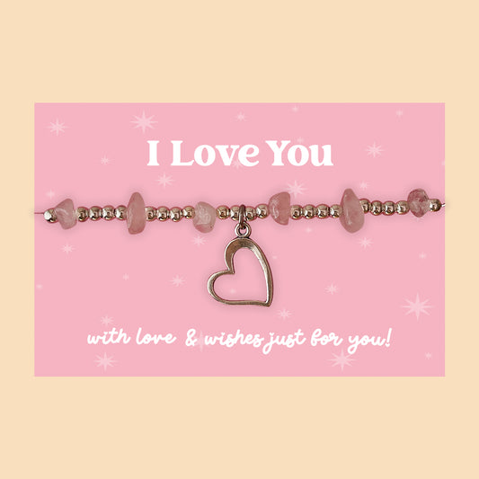Little Wishes® “I Love You” Rose Quartz Gemstone Chip Bracelet | Silver Ball Beads & Heart Charm | Romantic Gift for Her on Pink Card | Keepsake for Valentine’s Day, Anniversary or Just Because
