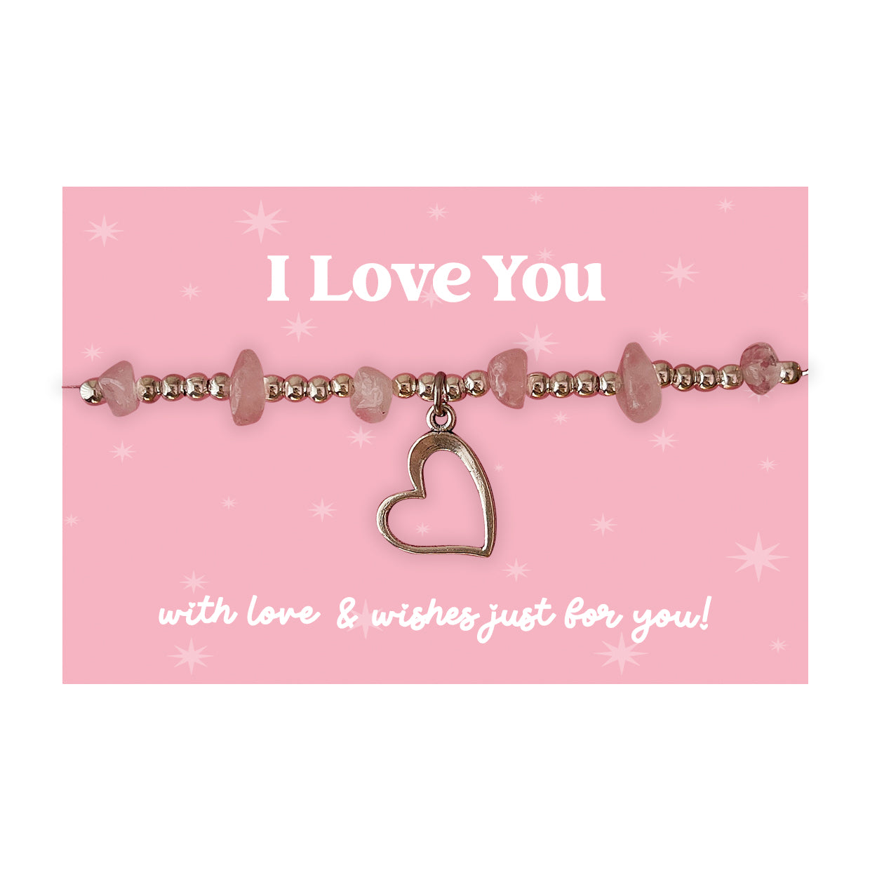 Little Wishes® “I Love You” Rose Quartz Gemstone Chip Bracelet | Silver Ball Beads & Heart Charm | Romantic Gift for Her on Pink Card | Keepsake for Valentine’s Day, Anniversary or Just Because
