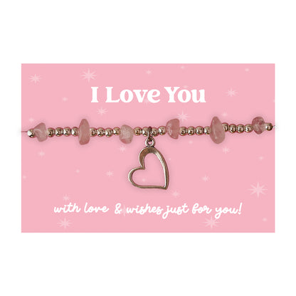 Little Wishes® “I Love You” Rose Quartz Gemstone Chip Bracelet | Silver Ball Beads & Heart Charm | Romantic Gift for Her on Pink Card | Keepsake for Valentine’s Day, Anniversary or Just Because