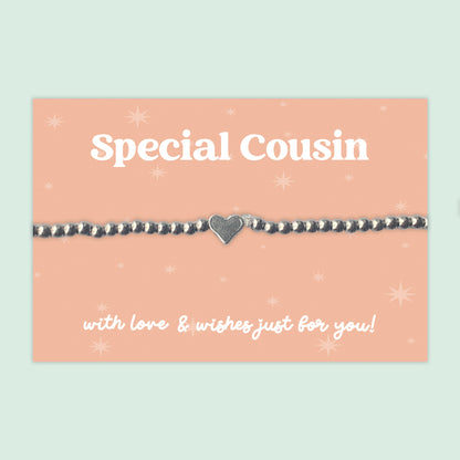 "Special Cousin" Heart Charm Stretch Bracelet | Little Wishes Sentimental Bracelet on Gift Card | Thoughtful Keepsake Gift for Cousins