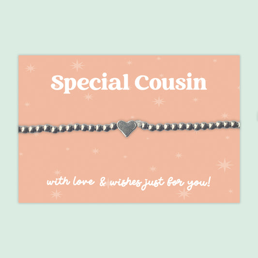 "Special Cousin" Heart Charm Stretch Bracelet | Little Wishes Sentimental Bracelet on Gift Card | Thoughtful Keepsake Gift for Cousins