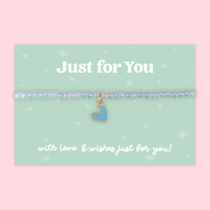 Little Wishes® “Just for You” Blue Seed Bead Bracelet | Enamel Heart Charm | Thoughtful Gift for Friend, Loved One or Teen | Presented on Mint Green Gift Card