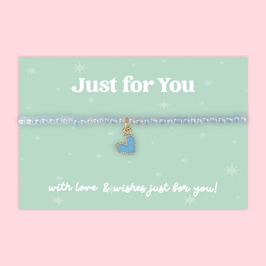 Little Wishes® “Just for You” Blue Seed Bead Bracelet | Enamel Heart Charm | Thoughtful Gift for Friend, Loved One or Teen | Presented on Mint Green Gift Card
