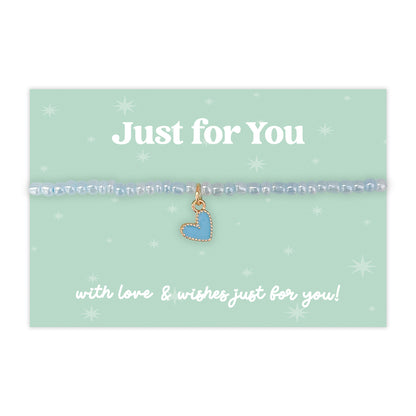Little Wishes® “Just for You” Blue Seed Bead Bracelet | Enamel Heart Charm | Thoughtful Gift for Friend, Loved One or Teen | Presented on Mint Green Gift Card