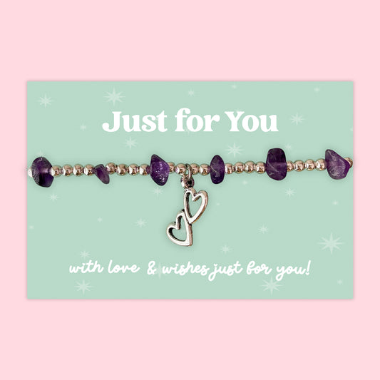 Little Wishes® “Just for You” Amethyst Gemstone Chip Bracelet | Silver Ball Beads & Double Heart Charm | Thoughtful Gift on Mint Green Card | Love, Friendship or Thinking of You Token