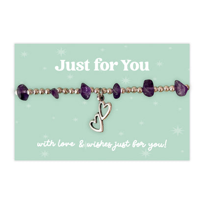 Little Wishes® “Just for You” Amethyst Gemstone Chip Bracelet | Silver Ball Beads & Double Heart Charm | Thoughtful Gift on Mint Green Card | Love, Friendship or Thinking of You Token