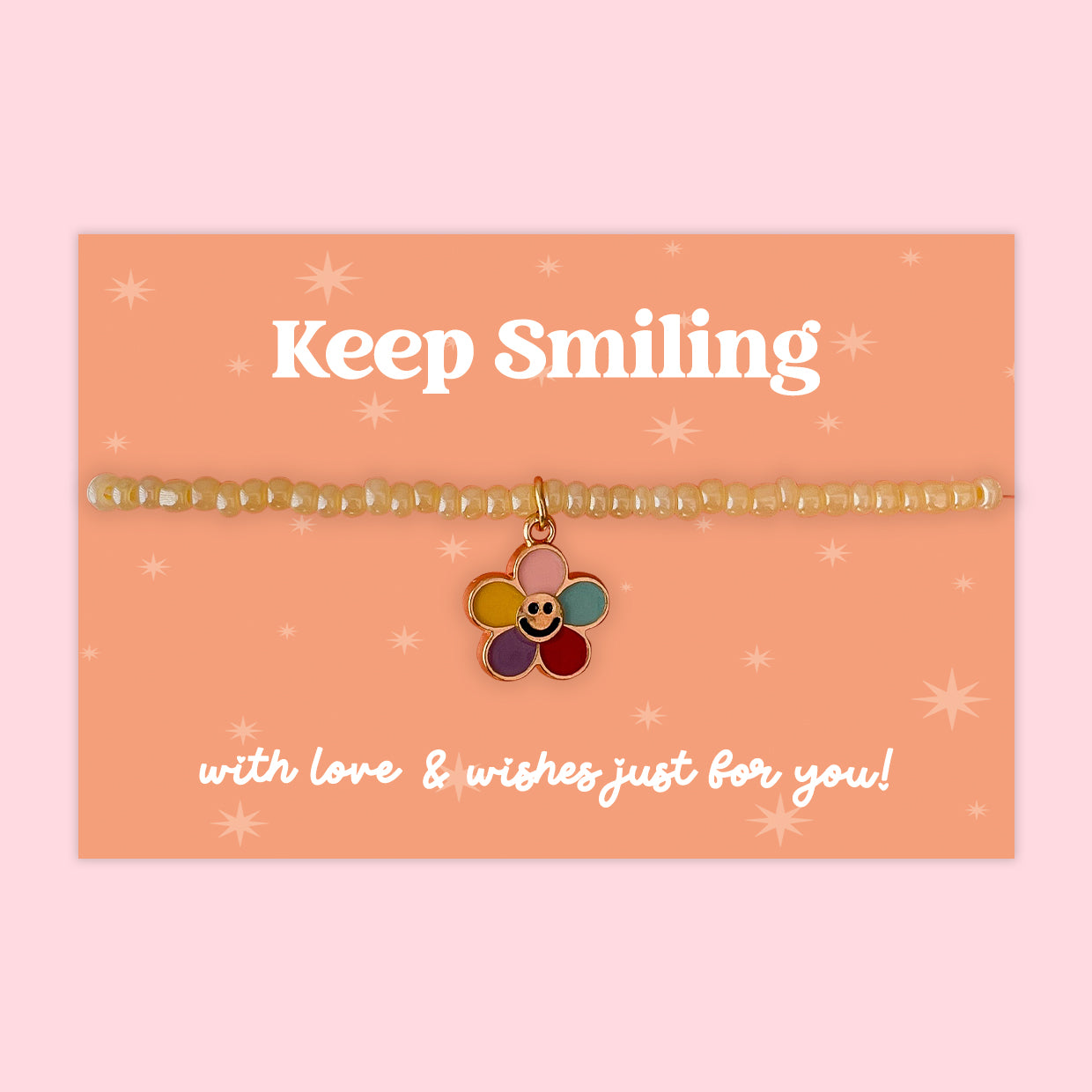 Little Wishes® “Keep Smiling” Yellow Seed Bead Bracelet | Enamel Rainbow Flower Charm | Uplifting Gift for Friend, Teen or Loved One | Presented on Positive Orange Gift Card