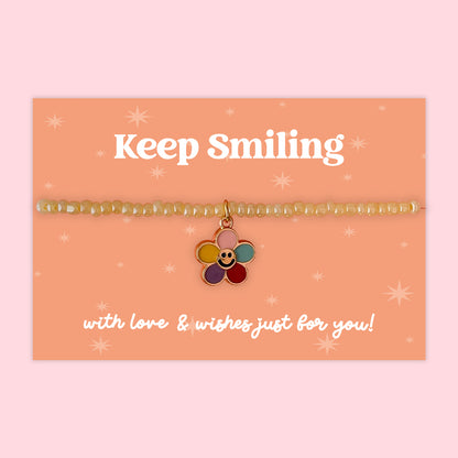 Little Wishes® “Keep Smiling” Yellow Seed Bead Bracelet | Enamel Rainbow Flower Charm | Uplifting Gift for Friend, Teen or Loved One | Presented on Positive Orange Gift Card