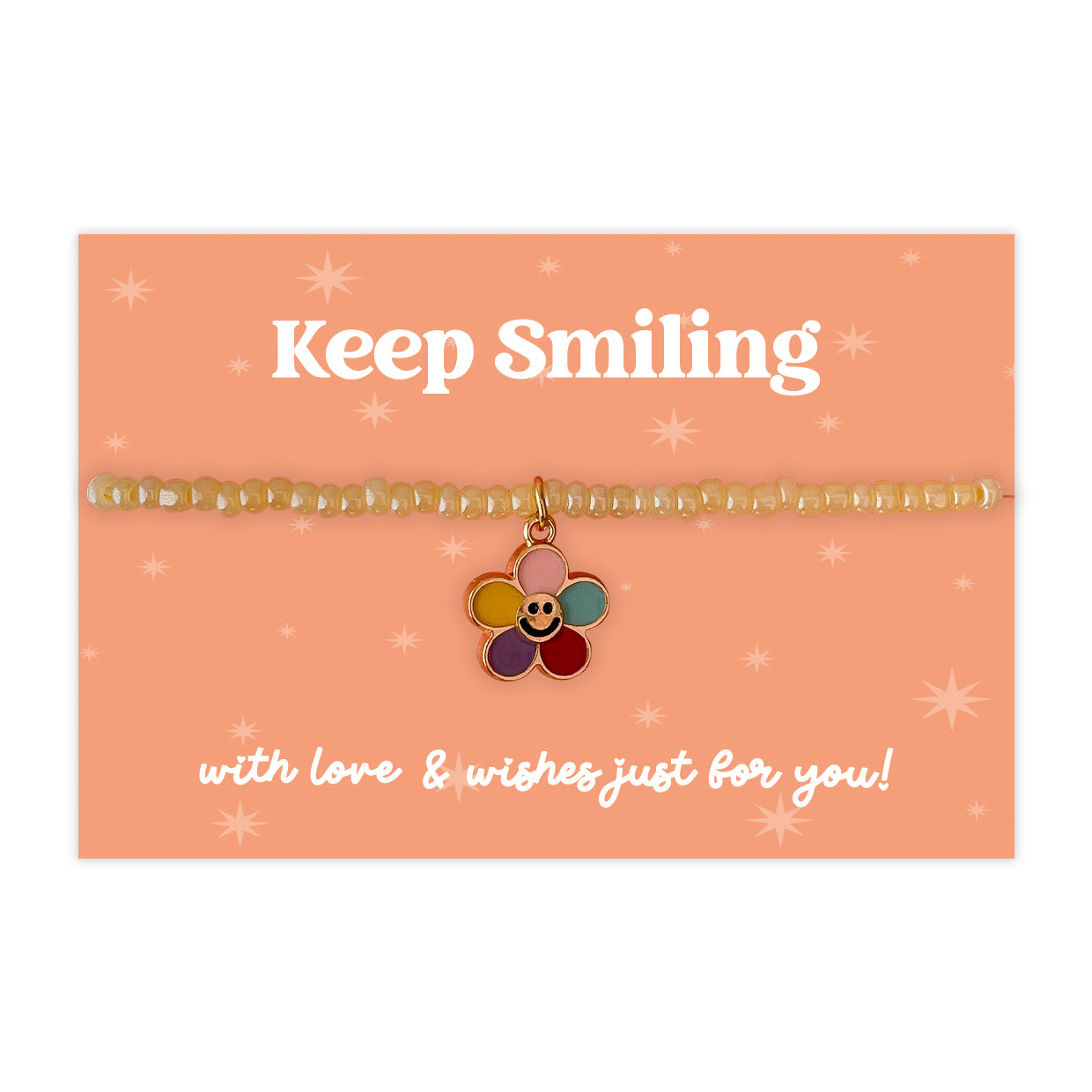 Little Wishes® “Keep Smiling” Yellow Seed Bead Bracelet | Enamel Rainbow Flower Charm | Uplifting Gift for Friend, Teen or Loved One | Presented on Positive Orange Gift Card