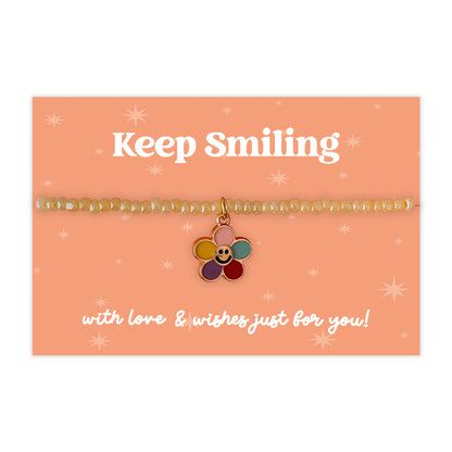 Little Wishes® “Keep Smiling” Yellow Seed Bead Bracelet | Enamel Rainbow Flower Charm | Uplifting Gift for Friend, Teen or Loved One | Presented on Positive Orange Gift Card