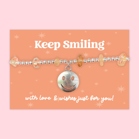 Little Wishes® “Keep Smiling” Citrine Gemstone Chip Bracelet | Silver Ball Beads & Smiley Charm | Cheerful Gift on Orange Card | Positivity, Encouragement or Friendship Token