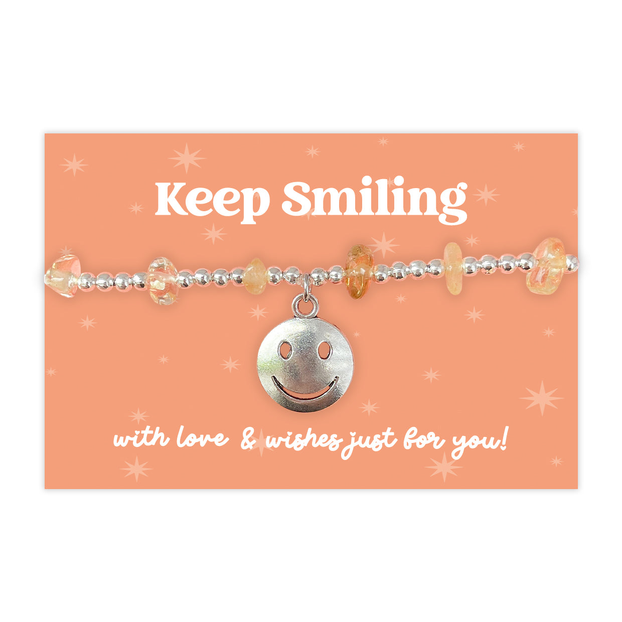 Little Wishes® “Keep Smiling” Citrine Gemstone Chip Bracelet | Silver Ball Beads & Smiley Charm | Cheerful Gift on Orange Card | Positivity, Encouragement or Friendship Token