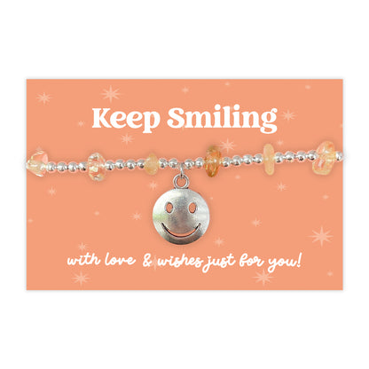 Little Wishes® “Keep Smiling” Citrine Gemstone Chip Bracelet | Silver Ball Beads & Smiley Charm | Cheerful Gift on Orange Card | Positivity, Encouragement or Friendship Token