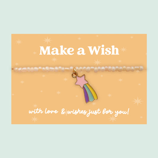 Little Wishes® “Make a Wish” Pearl Seed Bead Bracelet | Enamel Rainbow Shooting Star Charm | Inspirational Gift for Friend, Teen or Child | Presented on Peach Gift Card