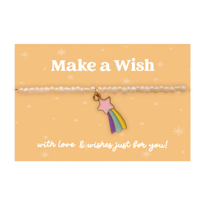 Little Wishes® “Make a Wish” Pearl Seed Bead Bracelet | Enamel Rainbow Shooting Star Charm | Inspirational Gift for Friend, Teen or Child | Presented on Peach Gift Card