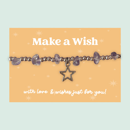 Little Wishes® “Make a Wish” Amethyst Gemstone Chip Bracelet | Silver Ball Beads & Star Charm | Encouragement Gift for Her on Yellow Card | Positive Thinking or Birthday Keepsake