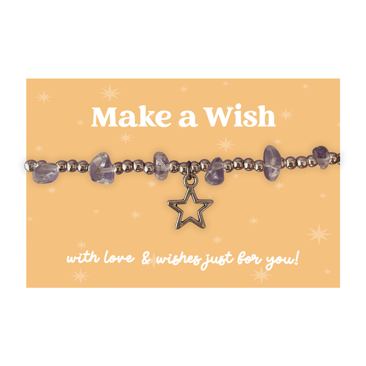 Little Wishes® “Make a Wish” Amethyst Gemstone Chip Bracelet | Silver Ball Beads & Star Charm | Encouragement Gift for Her on Yellow Card | Positive Thinking or Birthday Keepsake