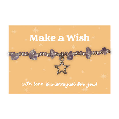 Little Wishes® “Make a Wish” Amethyst Gemstone Chip Bracelet | Silver Ball Beads & Star Charm | Encouragement Gift for Her on Yellow Card | Positive Thinking or Birthday Keepsake