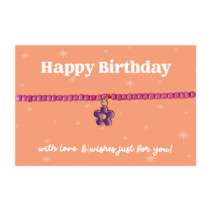 Little Wishes® “Happy Birthday” Purple Seed Bead Bracelet | Enamel Flower Charm | Fun & Thoughtful Birthday Gift for Her | Presented on Bright Orange Gift Card
