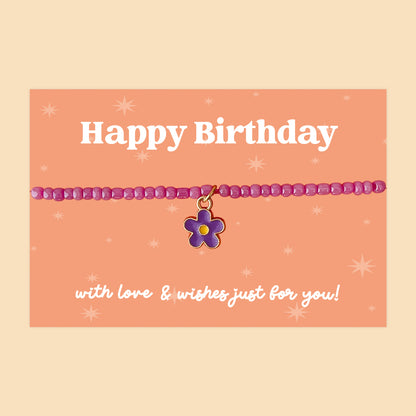 Little Wishes® “Happy Birthday” Purple Seed Bead Bracelet | Enamel Flower Charm | Fun & Thoughtful Birthday Gift for Her | Presented on Bright Orange Gift Card