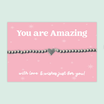 You Are Amazing Heart Charm Bracelet - Elegant Stainless Steel Beaded Stretch Bracelet Meaningful Inspirational Gift for Appreciation Celebrations and Achievements