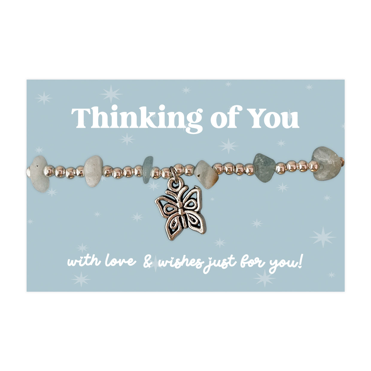 Little Wishes® “Thinking of You” Aquamarine Gemstone Chip Bracelet | Silver Ball Beads & Butterfly Charm | Comforting Gift for Tough Times, Support & Just Because