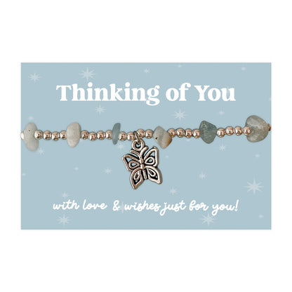 Little Wishes® “Thinking of You” Aquamarine Gemstone Chip Bracelet | Silver Ball Beads & Butterfly Charm | Comforting Gift for Tough Times, Support & Just Because