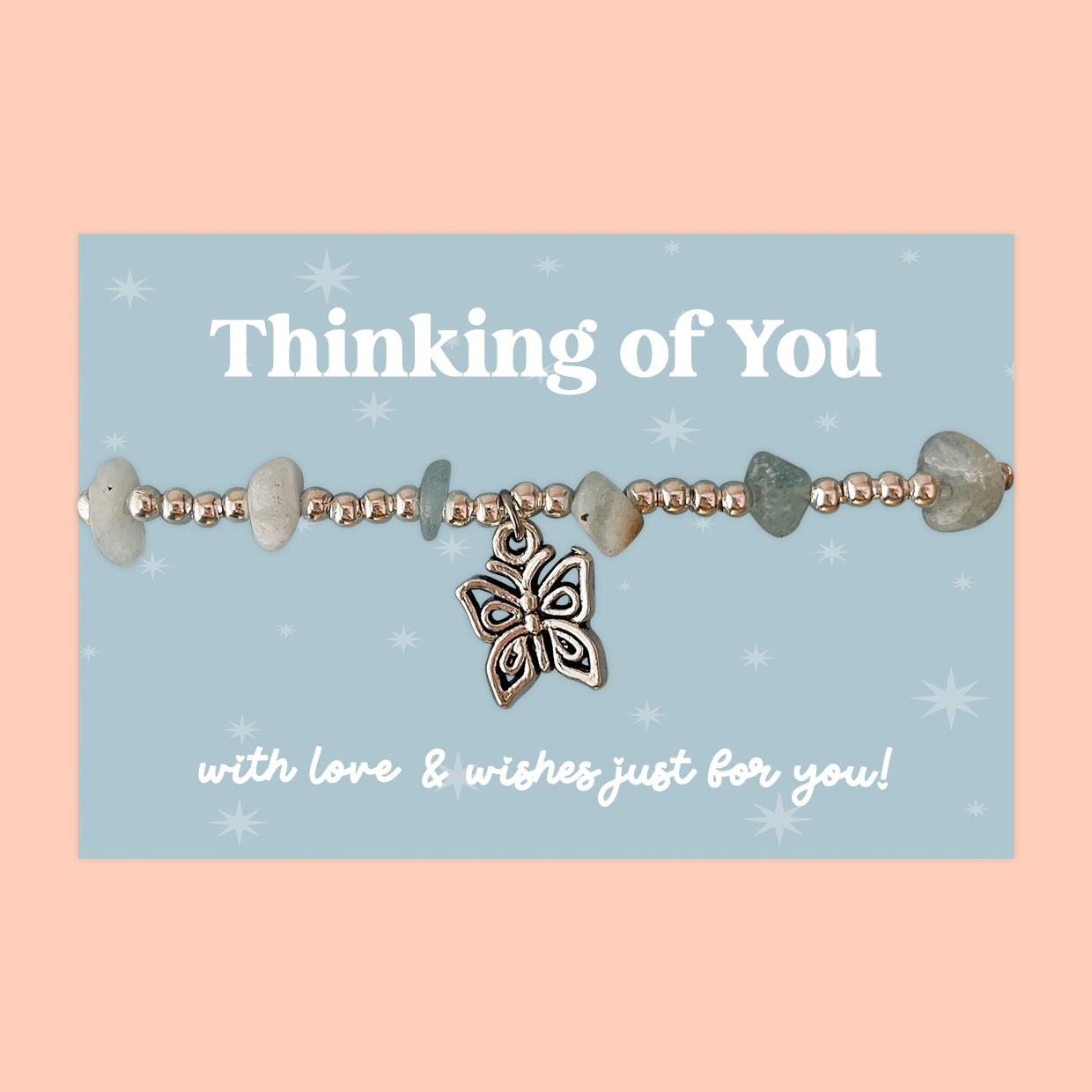 Little Wishes® “Thinking of You” Aquamarine Gemstone Chip Bracelet | Silver Ball Beads & Butterfly Charm | Comforting Gift for Tough Times, Support & Just Because