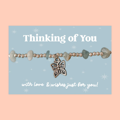 Little Wishes® “Thinking of You” Aquamarine Gemstone Chip Bracelet | Silver Ball Beads & Butterfly Charm | Comforting Gift for Tough Times, Support & Just Because