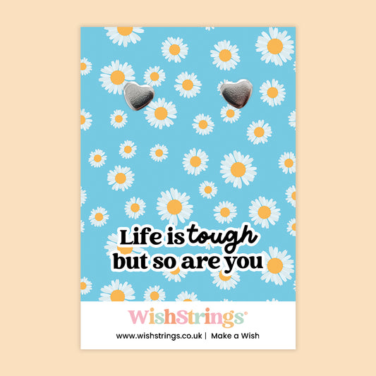 WishStrings® ‘Life Is Tough But So Are You’ Heart Stud Earrings on Gift Card | Empowering Gift for Her | Hypoallergenic & Nickel-Free | Handmade UK Jewellery