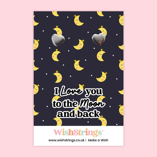 WishStrings® ‘I Love You to the Moon and Back’ Heart Stud Earrings on Gift Card | Romantic Gift for Her | Hypoallergenic & Nickel-Free | Handmade in the UK