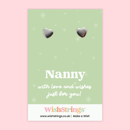 Heart Stud Earrings – Nanny | Silver Heart Earrings on Gift Card | Meaningful Gift for Nanny | Sentimental Jewellery for Birthdays, Mother’s Day & Christmas