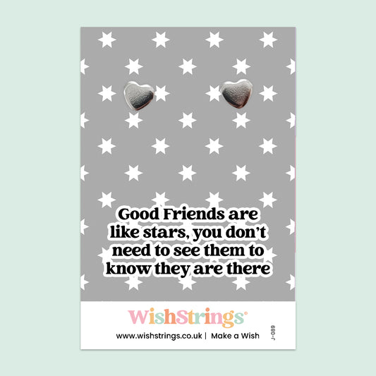 WishStrings® ‘Good Friends Are Like Stars’ Heart Stud Earrings on Gift Card | Friendship Gift for Her | Hypoallergenic & Nickel-Free | Handmade in the UK