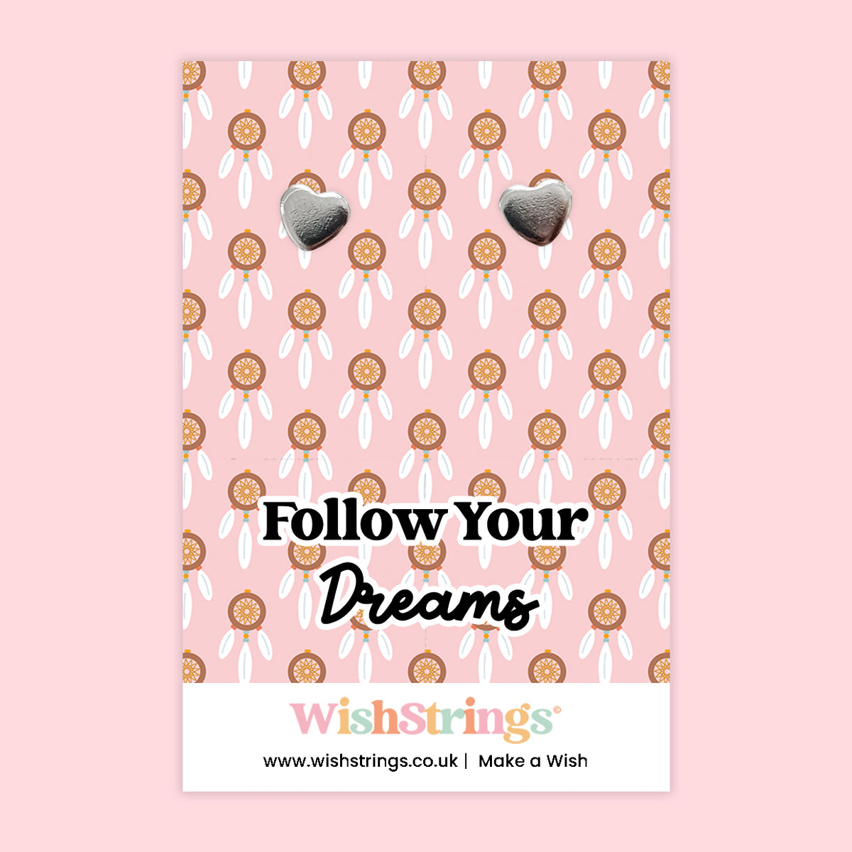 WishStrings® ‘Follow Your Dreams’ Heart Stud Earrings on Gift Card | Inspirational Gift for Her | Hypoallergenic & Nickel-Free | Handmade in the UK