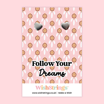 WishStrings® ‘Follow Your Dreams’ Heart Stud Earrings on Gift Card | Inspirational Gift for Her | Hypoallergenic & Nickel-Free | Handmade in the UK