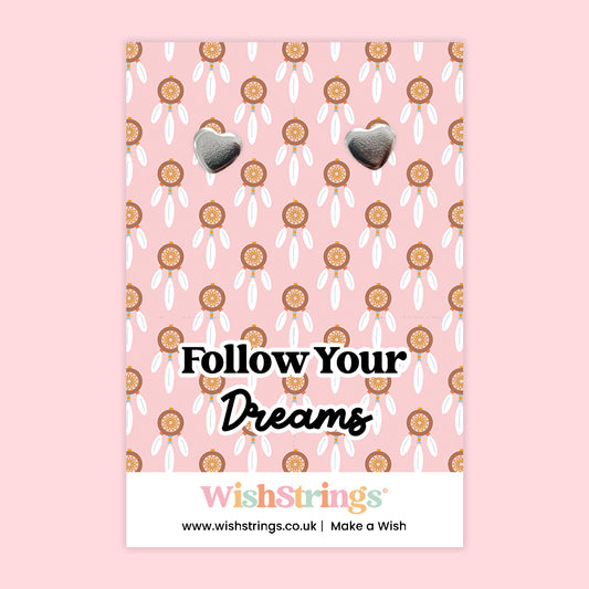 WishStrings® ‘Follow Your Dreams’ Heart Stud Earrings on Gift Card | Inspirational Gift for Her | Hypoallergenic & Nickel-Free | Handmade in the UK