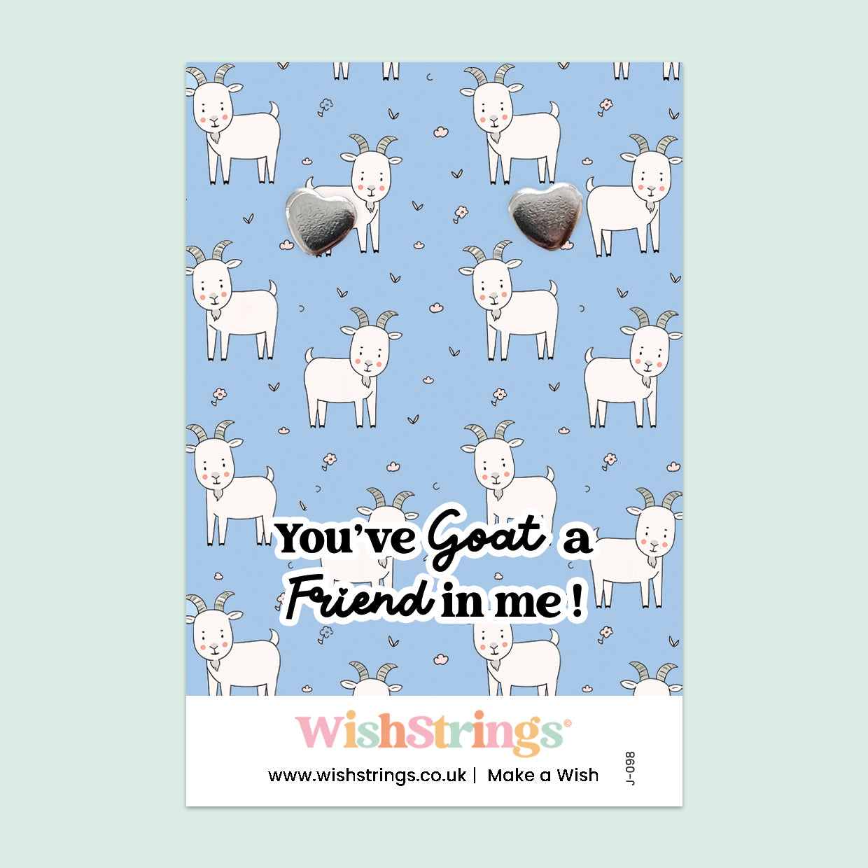 WishStrings “You’ve Goat a Friend in Me” Heart Stud Earrings on Gift Card | Cute Goat-Themed Friendship Gift | Nickel-Free & Hypoallergenic | Handmade in the UK