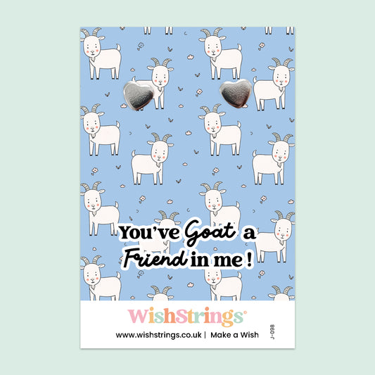 WishStrings “You’ve Goat a Friend in Me” Heart Stud Earrings on Gift Card | Cute Goat-Themed Friendship Gift | Nickel-Free & Hypoallergenic | Handmade in the UK