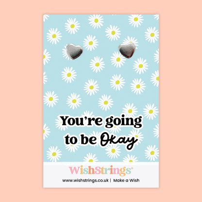 WishStrings® ‘You Are Going to Be OK’ Heart Stud Earrings on Gift Card | Reassurance & Mental Health Support Gift | Hypoallergenic & Nickel-Free | Handmade in the UK