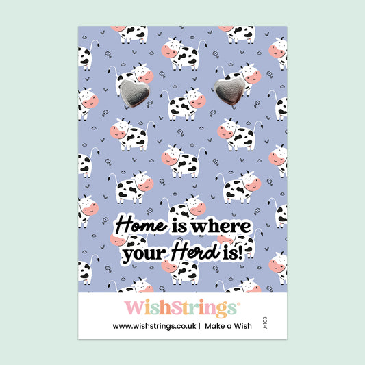 WishStrings “Home is Where Your Herd Is” Heart Stud Earrings on Gift Card | Cute Cow-Themed Gift | Hypoallergenic & Nickel-Free | Handmade in the UK