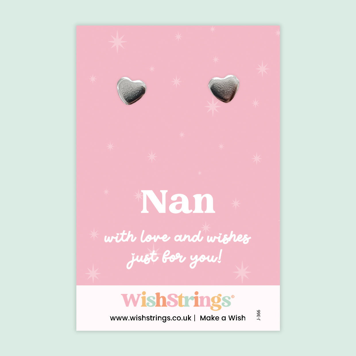WishStrings Heart Stud Earrings – Nan | Silver Heart Earrings on ‘With Love’ Gift Card | Thoughtful Keepsake Gift for Nan | Meaningful Jewellery for Birthdays, Christmas & Just Because