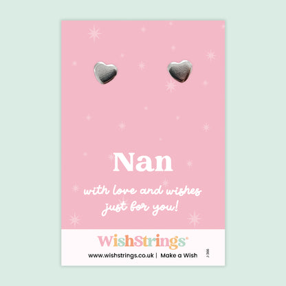 WishStrings Heart Stud Earrings – Nan | Silver Heart Earrings on ‘With Love’ Gift Card | Thoughtful Keepsake Gift for Nan | Meaningful Jewellery for Birthdays, Christmas & Just Because