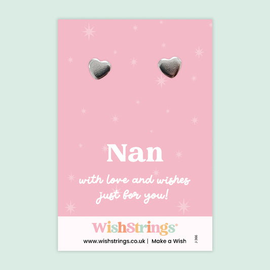 WishStrings Heart Stud Earrings – Nan | Silver Heart Earrings on ‘With Love’ Gift Card | Thoughtful Keepsake Gift for Nan | Meaningful Jewellery for Birthdays, Christmas & Just Because