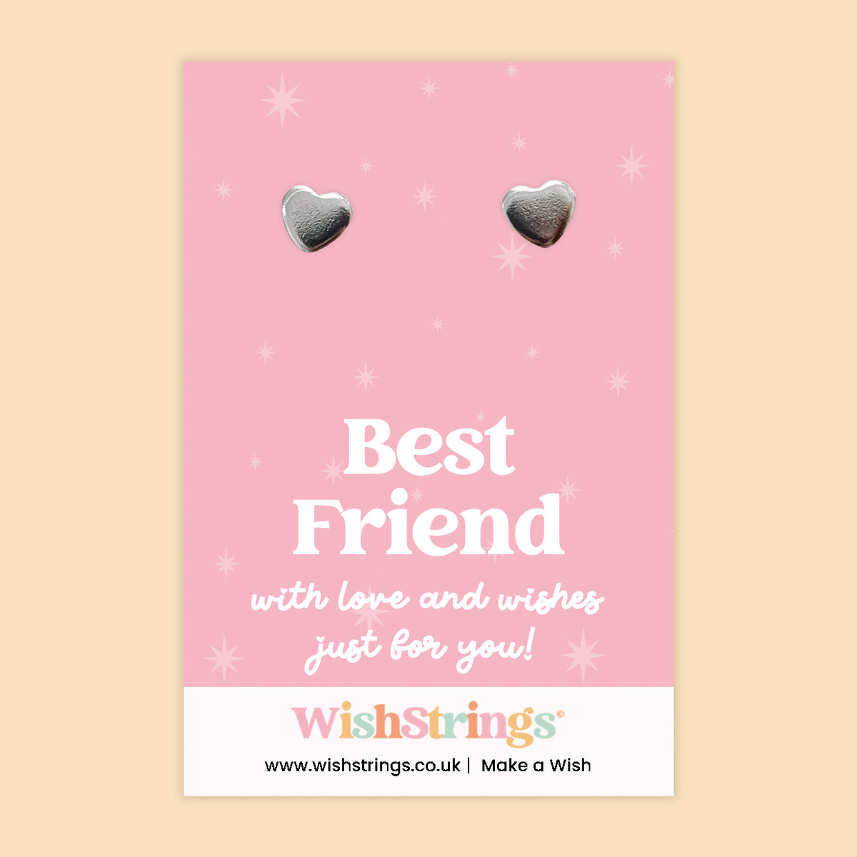 WishStrings ‘Best Friend’ Heart Stud Earrings on Gift Card | Friendship Gift for Her | Hypoallergenic & Nickel-Free | Handmade in the UK
