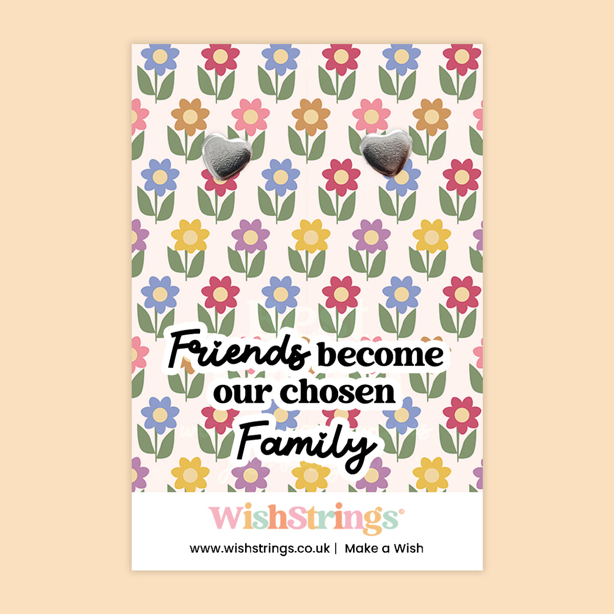 WishStrings ‘Friends Become Our Chosen Family’ Heart Stud Earrings on Gift Card | Meaningful Friendship Gift | Hypoallergenic & Nickel-Free | Handmade in the UK
