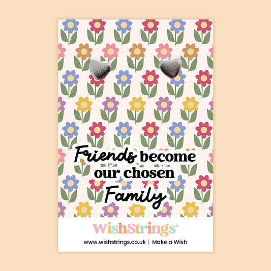 WishStrings ‘Friends Become Our Chosen Family’ Heart Stud Earrings on Gift Card | Meaningful Friendship Gift | Hypoallergenic & Nickel-Free | Handmade in the UK