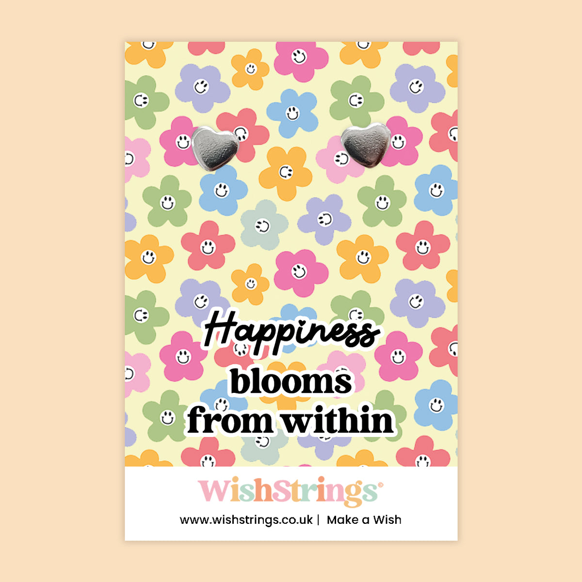 WishStrings ‘Happiness Blooms From Within’ Heart Stud Earrings on Gift Card | Positive Mindfulness Gift | Hypoallergenic & Nickel-Free | Handmade in the UK