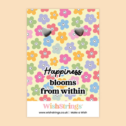 WishStrings ‘Happiness Blooms From Within’ Heart Stud Earrings on Gift Card | Positive Mindfulness Gift | Hypoallergenic & Nickel-Free | Handmade in the UK