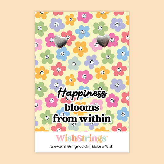 WishStrings ‘Happiness Blooms From Within’ Heart Stud Earrings on Gift Card | Positive Mindfulness Gift | Hypoallergenic & Nickel-Free | Handmade in the UK