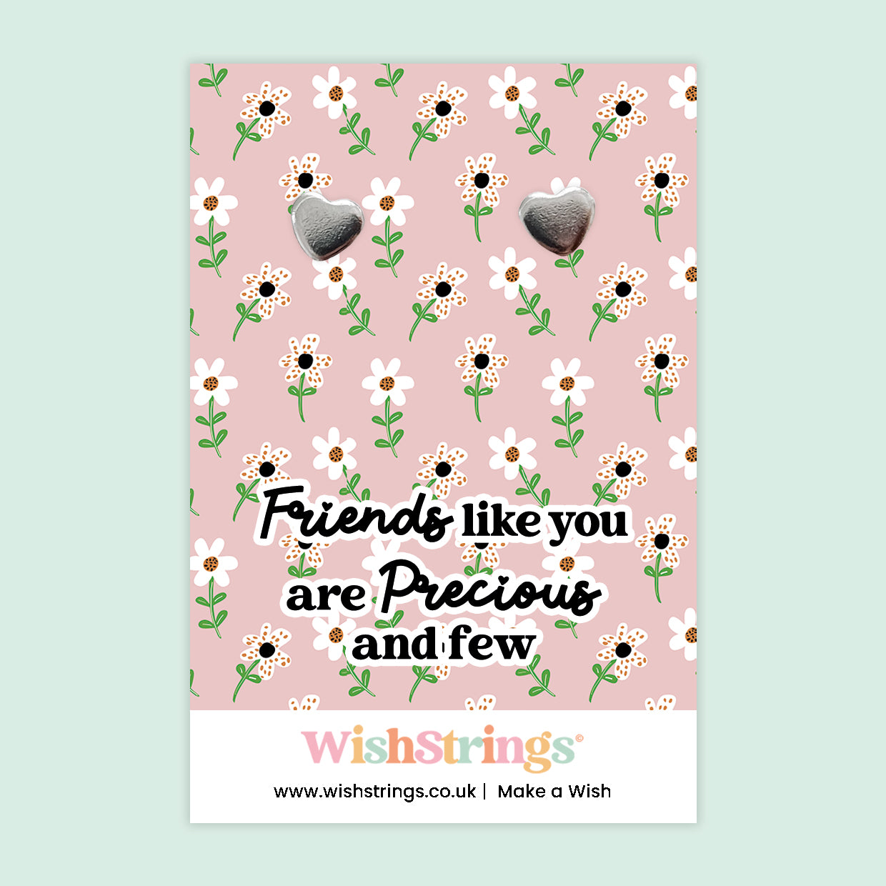 WishStrings ‘Friends Like You Are Precious and Few’ Heart Stud Earrings on Gift Card | Thoughtful Gift for Best Friend | Hypoallergenic & Nickel-Free | Handmade in the UK